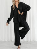 Momentlover Drawstring Pleated Flared Sleeves Long Sleeves Buttoned Solid Color Split-Side Lapel Shirts Top + Pants Bottom Pajama Sets