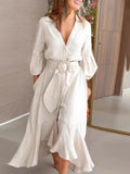 Momentlover Solid Color Pleated Puff Sleeves High-Low V-Neck Maxi Dresses