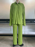 Momentlover Drawstring Pleated Flared Sleeves Long Sleeves Buttoned Solid Color Split-Side Lapel Shirts Top + Pants Bottom Pajama Sets
