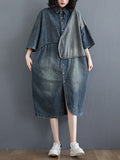 Momentlover Denim Split-Joint Plus Size Half Sleeve Lapel Shirt Dress
