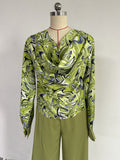 Momentlover Long Sleeves Heaps Collar Printed Shirts Top + High Waisted Pants Bottom Two Pieces Set