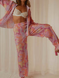 Momentlover Print Long Sleeves Loose Buttoned Pleated Lapel Shirts Top + Elasticity Pants Bottom Two Pieces Set