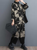 Momentlover Stand Collar Long Sleeves Asymmetric Buttoned Printed Sweatshirt Top + Harem Pants Pants Bottom Two Pieces Set