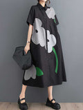 Momentlover Floral Printed Buttoned Short Sleeves Loose Lapel Collar Midi Dresses