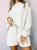 Momentlover Solid Color Long Sleeves Loose Round-Neck Sweatshirt Top + Drawstring Shorts Bottom Two Pieces Set