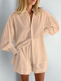 Momentlover Solid Color High-Low Long Sleeves Buttoned Jacquard Lapel Shirts Top +Shorts Bottom Two Pieces Set
