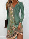 Momentlover Floral Printed Loose Long Sleeves V-Neck Mini Dresses