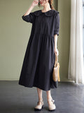Momentlover Original Loose Solid Color Buttoned Pleated Midi Dress