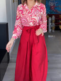 Momentlover Printed Long Sleeves Buttoned Lapel Blouse + Tied Waist Wide Leg Pants Two Pieces Set