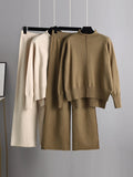 Momentlover Stylish High-Low Long Sleeves Split-Side Solid Half Turtleneck Sweater Tops & Wide Leg Pants Two Pieces Set