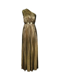 Momentlover Solid Color Shiny Pleated Asymmetric Sleeveless Plus Size One-shoulder Maxi Dresses