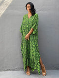 Momentlover Green Leopard V-Neck Split-Side Batwing Sleeves Maxi Dress
