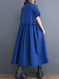 Momentlover Simple Short Sleeves Loose Buttoned Falbala Split-Joint Solid Color Midi Shirt Dress