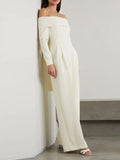 Momentlover Tied Split-Joint Solid Color Pleated Wide Leg Long Sleeves Off-The-Shoulder Jumpsuits