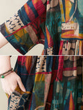 Momentlover Vintage Loose Abstract Printed Pleated Round-Neck Half Sleeves Midi Dress