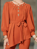 Momentlover Rhine Stones Asymmetric Tied Waist Pleated Shirt Top+Split-Front Pants Bottom Two Pieces Set