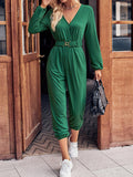 Momentlover Elasticity Belted Long Sleeves V-neck Jumpsuits