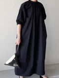 Momentlover Simple Solid Color Stand Collar Loose Half Sleeve Shirt Dress