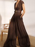 Momentlover Urban Loose Wide Leg Solid Color V-Neck Jumpsuits Bottoms