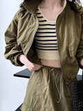 Momentlover Drawstring Elasticity Long Sleeves Loose Pockets Solid Color Zipper Stand Collar Jacket Top + Split-Back Skirts Bottom Two Pieces Set