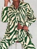Momentlover Zebra-Stripe Plus Size Long Sleeves Buttoned Lapel Blouses Top + Elasticity Pants Bottom Two Pieces Set