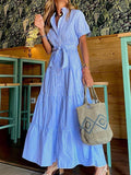 Momentlover Striped Short Sleeves Loose Lapel Maxi Dresses