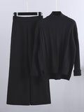 Momentlover Loose Long Sleeves Split-Side Solid High-Low Half Turtleneck Sweater Tops & Wide Leg Pants Two Pieces Set