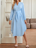 Momentlover Tied Waist Striped Puff Sleeves Loose V-Neck Shirt Dress Midi Dresses