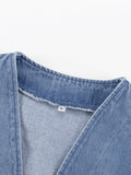 Momentlover Long Sleeves Loose Split-Joint Tied Waist V-Neck Denim Mini Dresses