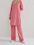 Momentlover Solid Color Long Sleeves Pockets Split-Side Round-Neck Shirts Top + Pants Bottom Two Pieces Set