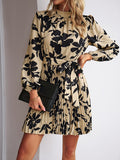 Momentlover Tied Waist Pleated Flower Print Loose Long Sleeves Mock Neck Mini Dresses