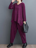 Momentlover Solid Color Long Sleeves Asymmetric Split-Joint V-Neck T-Shirts Top + Harem Pants Elasticity Pants Bottom Two Pieces Set