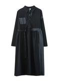 Momentlover Original Loose Denim Split-Joint Tied Lapel Collar Long Sleeves Midi Dress