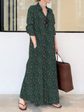 Momentlover Vintage Printed Lapel Long Sleeve Shirt Maxi Dress
