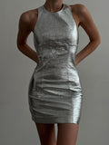 Momentlover Zipper Split-Joint Solid Color Backless Sleeveless Skinny Round-Neck Mini Dresses