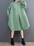 Momentlover Loose Puff Sleeves Solid Color Stand Collar Midi Dresses