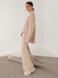 Momentlover Casual Solid Color Irregularity High-Neck Sweater& Wide Leg Pants Suits