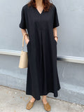 Momentlover Loose Solid Color V-Neck Pleated With Pockets Midi Dresses