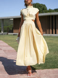 Momentlover Solid Color Pleated Belly-Hollow Cap Sleeve Stand Collar Maxi Dresses