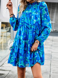 Momentlover Tied Split-Joint Printed Puff Sleeves Loose Mock Neck Mini Dresses