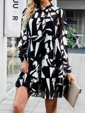 Momentlover Tied Split-Joint Printed Puff Sleeves Loose Mock Neck Mini Dresses