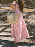 Momentlover Solid Color Sleeveless Loose V-Neck Midi Dresses