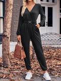 Momentlover Elasticity Belted Long Sleeves V-neck Jumpsuits