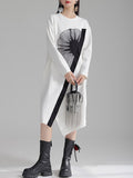 Momentlover Three-Dimensional Flower Asymmetric Loose Long Sleeves Round-Neck Midi Dresses