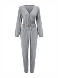 Momentlover Elasticity Belted Long Sleeves V-neck Jumpsuits
