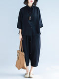 Momentlover Two-Pieces Black Loose Shirt And Ninth Pants Suit