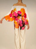 Momentlover High Waisted Long Sleeves Flower Print Off-The-Shoulder Pants Set Suits Two Pieces Set