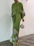 Momentlover Batwing Sleeves Loose Floral Printed Muslim Pleated Stand Collar Maxi Dresses