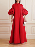 Momentlover Loose Flower Shape Solid Color Stand Collar Lantern Sleeves Maxi Dresses