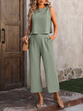 Momentlover Loose Sleeveless Pockets Solid Color Round-Neck Vest Top&Pants Two Pieces Pants Set